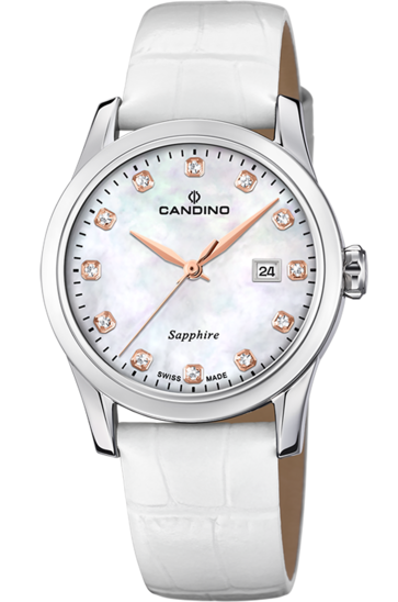 Часы Candino Lady Elegance Date, кварцевые, перламутровый циферблат, белый ремешок
