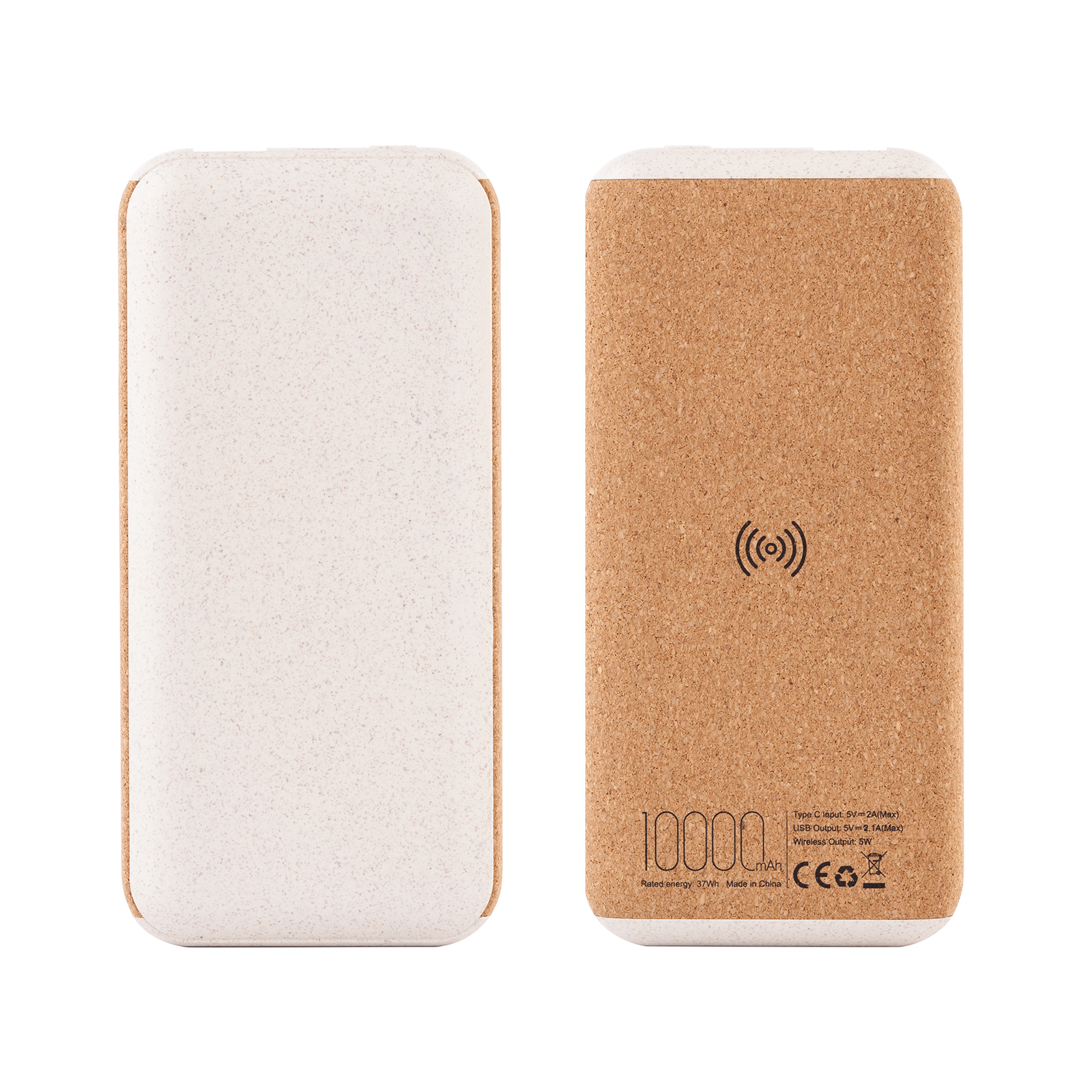 Внешний аккумулятор, 10000 mAh, цвет бежевый, пластик/пшеничное волокно/пробка
