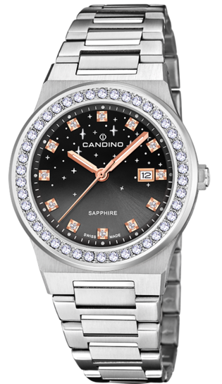Часы Candino Lady Elegance Sparkling Date, кварцевые, черный циферблат
