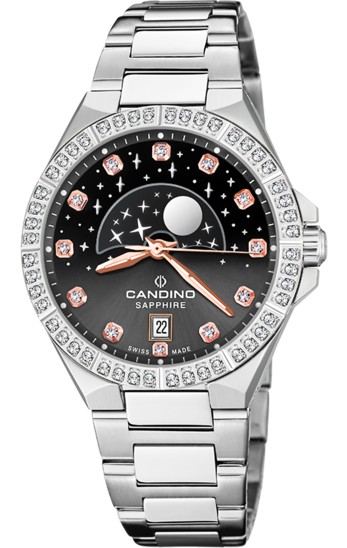 Часы Candino Lady Elegance Moonphase, кварцевые, черный циферблат, фазы Луны