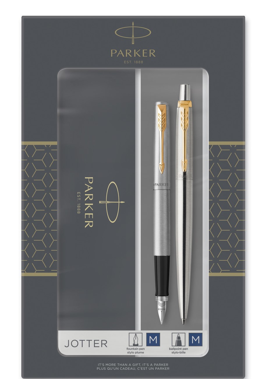 Набор подарочный PARKER JOTTER, сталь/позолота (ручка перьевая, ручка шариковая)