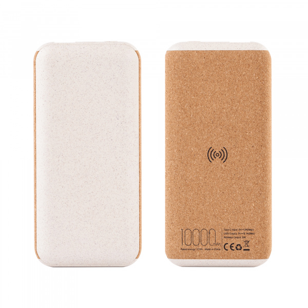 Внешний аккумулятор, 10000 mAh, цвет бежевый, пластик/пшеничное волокно/пробка