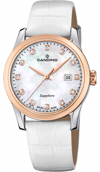 Часы Candino Lady Elegance Date, кварцевые, перламутровый циферблат, кожаный ремешок белый