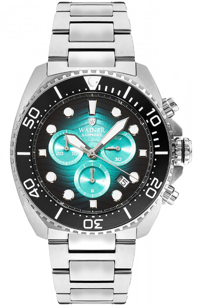 Часы наручные мужские Wainer Diver, кварцевые с хронографом, черно-бирюзовый циферблат, стальной браслет