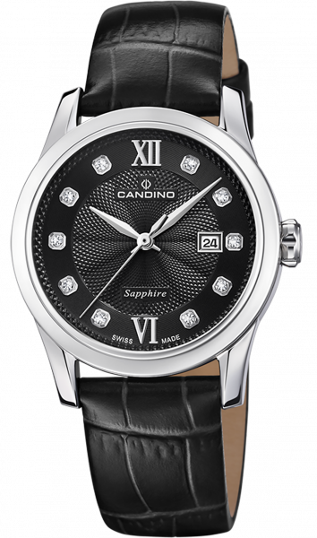 Часы Candino Lady Elegance Date, кварцевые, черный циферблат, кожаный ремешок черный
