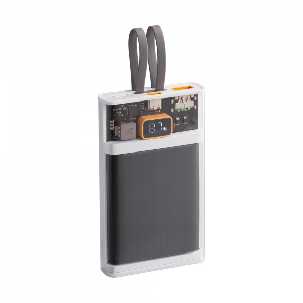 Внешний аккумулятор 10000 mAh с прозрачным корпусом, цифровым индикатором заряда и встроенными Type-C/Lightning кабелями, цвет черно-белый