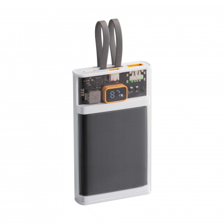 Внешний аккумулятор 10000 mAh с прозрачным корпусом, цифровым индикатором заряда и встроенными Type-C/Lightning кабелями, цвет черно-белый