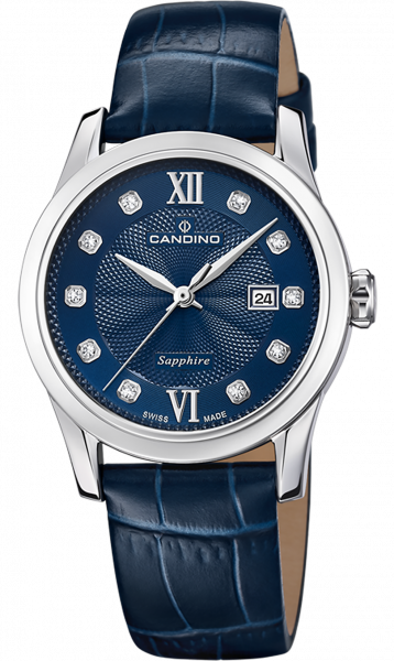 Часы Candino Lady Elegance Date, кварцевые, синий циферблат, кожаный ремешок синий