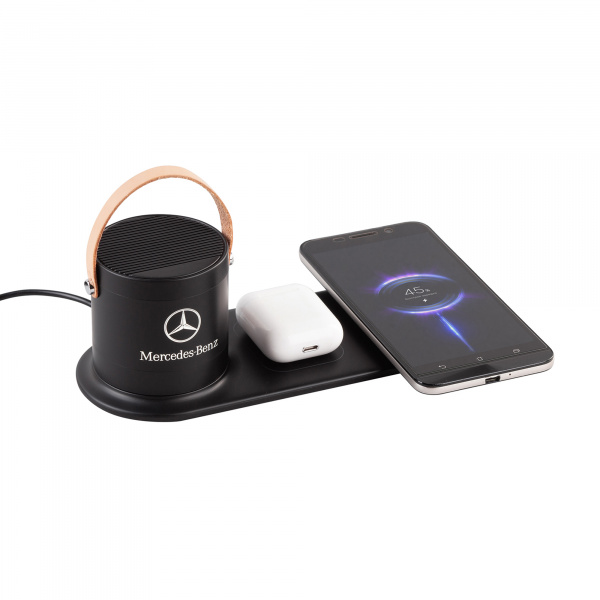 Настольная беспроводная (15W) зарядная станция с bluetooth колонкой, черная