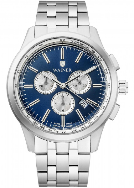Часы наручные мужские Wainer Classic, кварцевые с хронографом, синий циферблат, стальной браслет